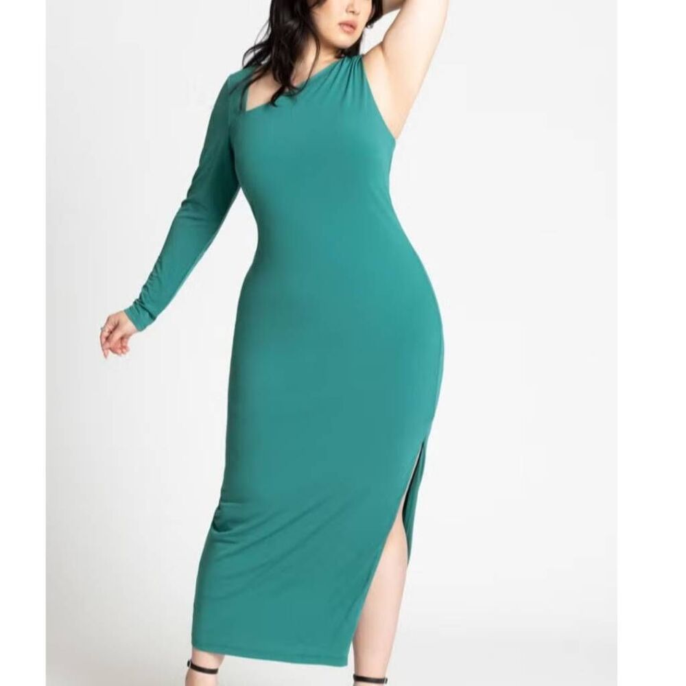 NWT Eloquii Plus Size 22 One Shoulder Maxi Dress with Side Slit in Antique Green